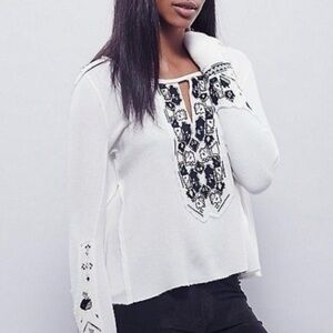 Free People Marion Flowy Boho Embroidered White Thermal Long Sleeve Shirt Large